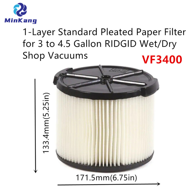Filtre en papier plissé standard blanc VF3400 à 1 couche pour pièces d'aspirateur RIDGID Wet/Dry Shop de 3 à 4,5 gallons