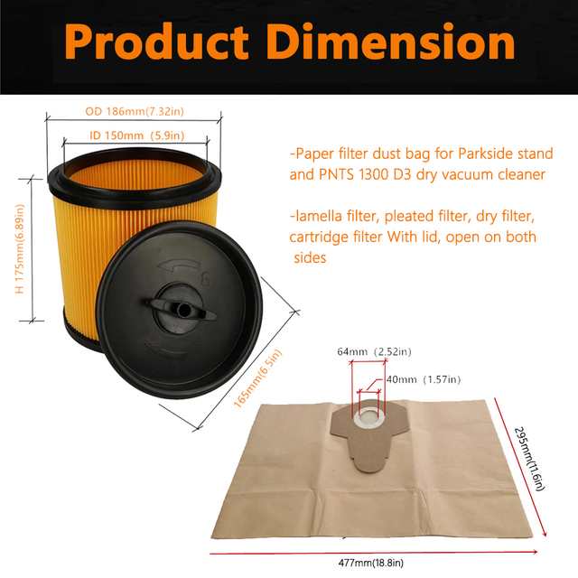 Sac en papier et cartouche filtrante plissée avec couvercle pour contre-aspirateur humide et sec PNTS 1300 D3
